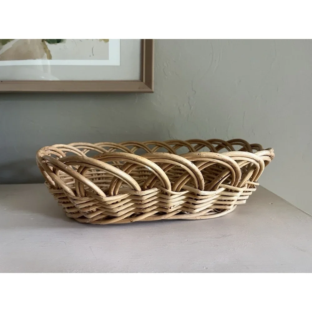 Vintage Basket Bread Roll Serve Fruit Floral Egg Woven Braided Wicker 12.5